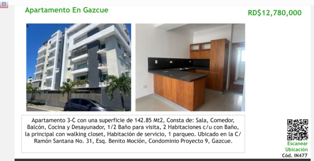 VENDO APARTAMENTO EN GASCUE TERCER NIVEL